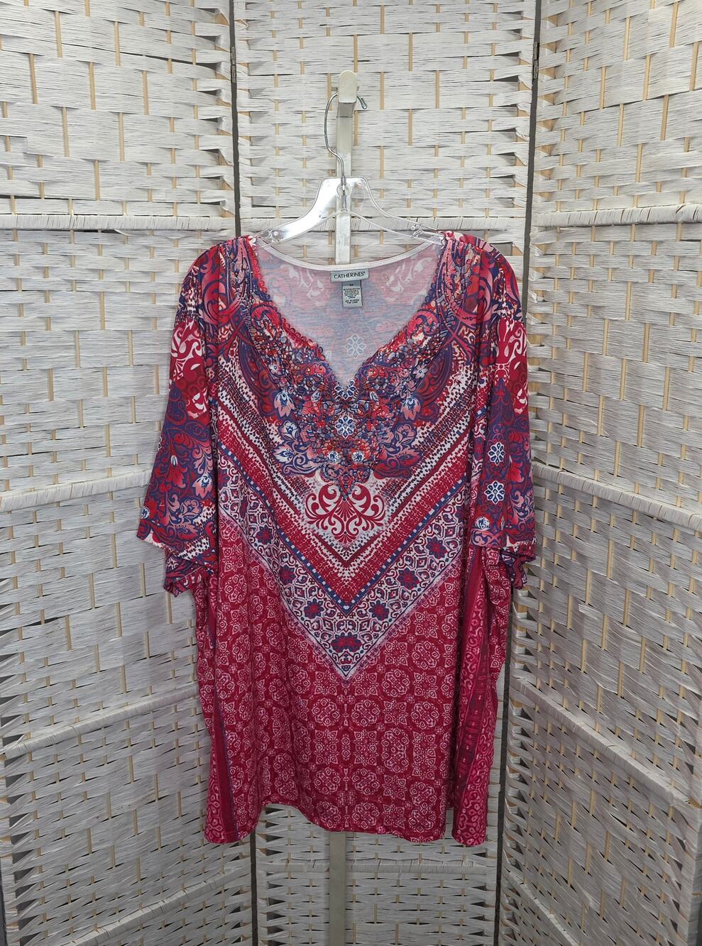 Catherines 5x Boho Tunic Top Scarf print embellished vneck red navy paisley plus